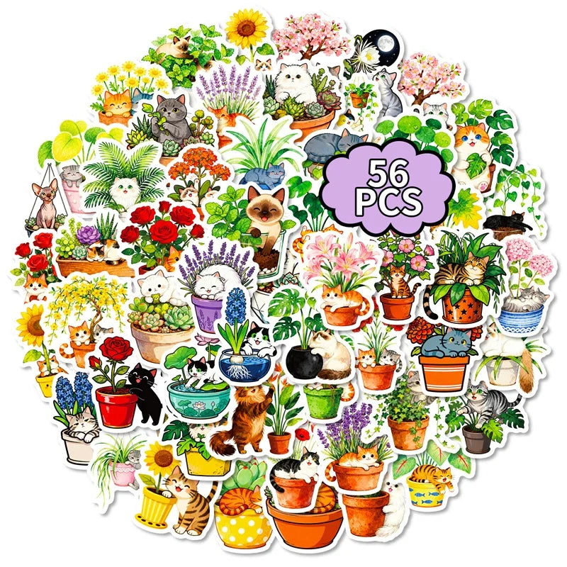 10/30/56PCS Fresh Flower Cat PVC Sticky Sticker Stationery DIY Children's Laptop Luggage Skateboard Decoration Scrapbooking