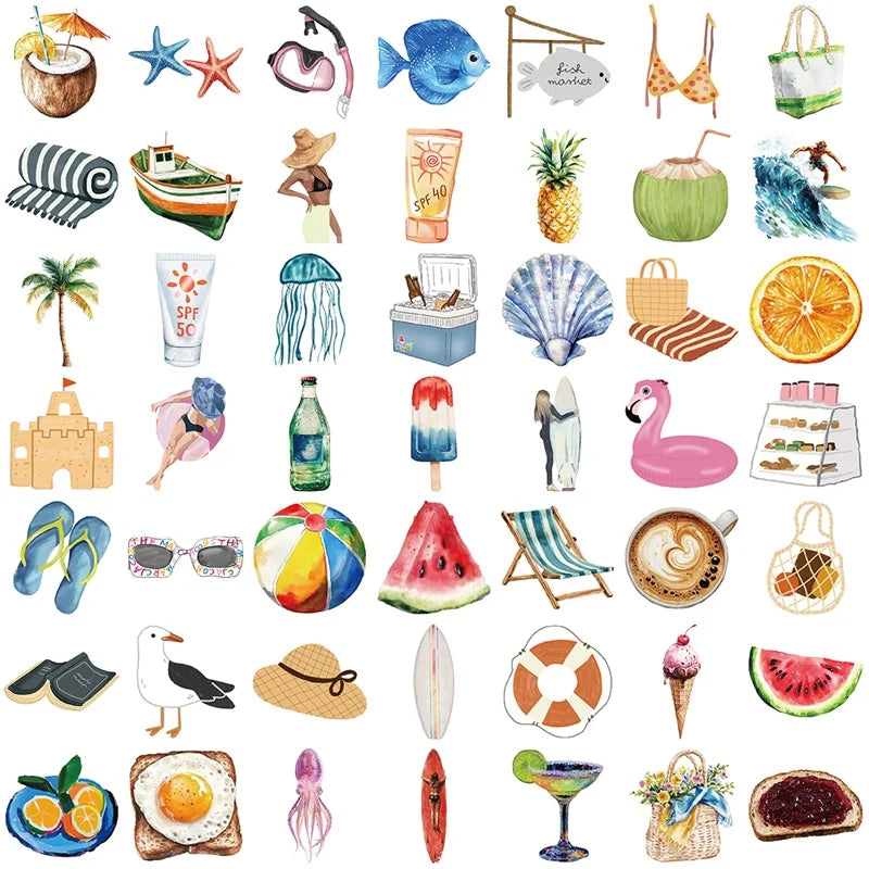 10/30/50PCS Kawaii Summer Life PVC Sticky Sticker Aesthetic DIY Stationery Decoration Scrapbooking School Supplies for Kids