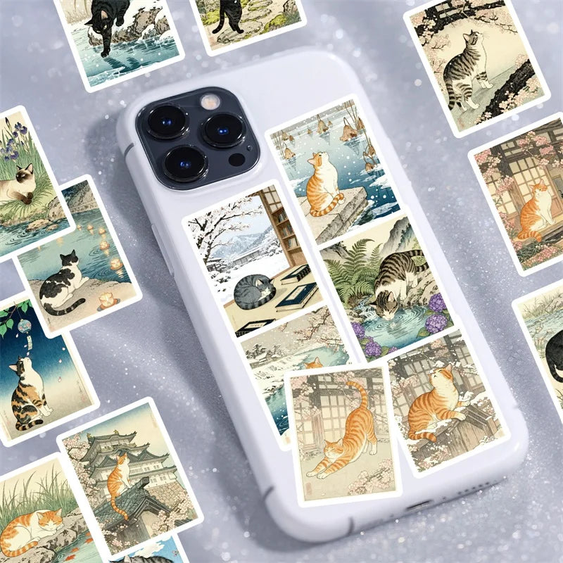 10/30/56PCS Kawaii Japanese Cat Colored PVC Sticky Stickers Aesthetic DIY Phone Laptop Luggage Skateboard Graffiti Decals