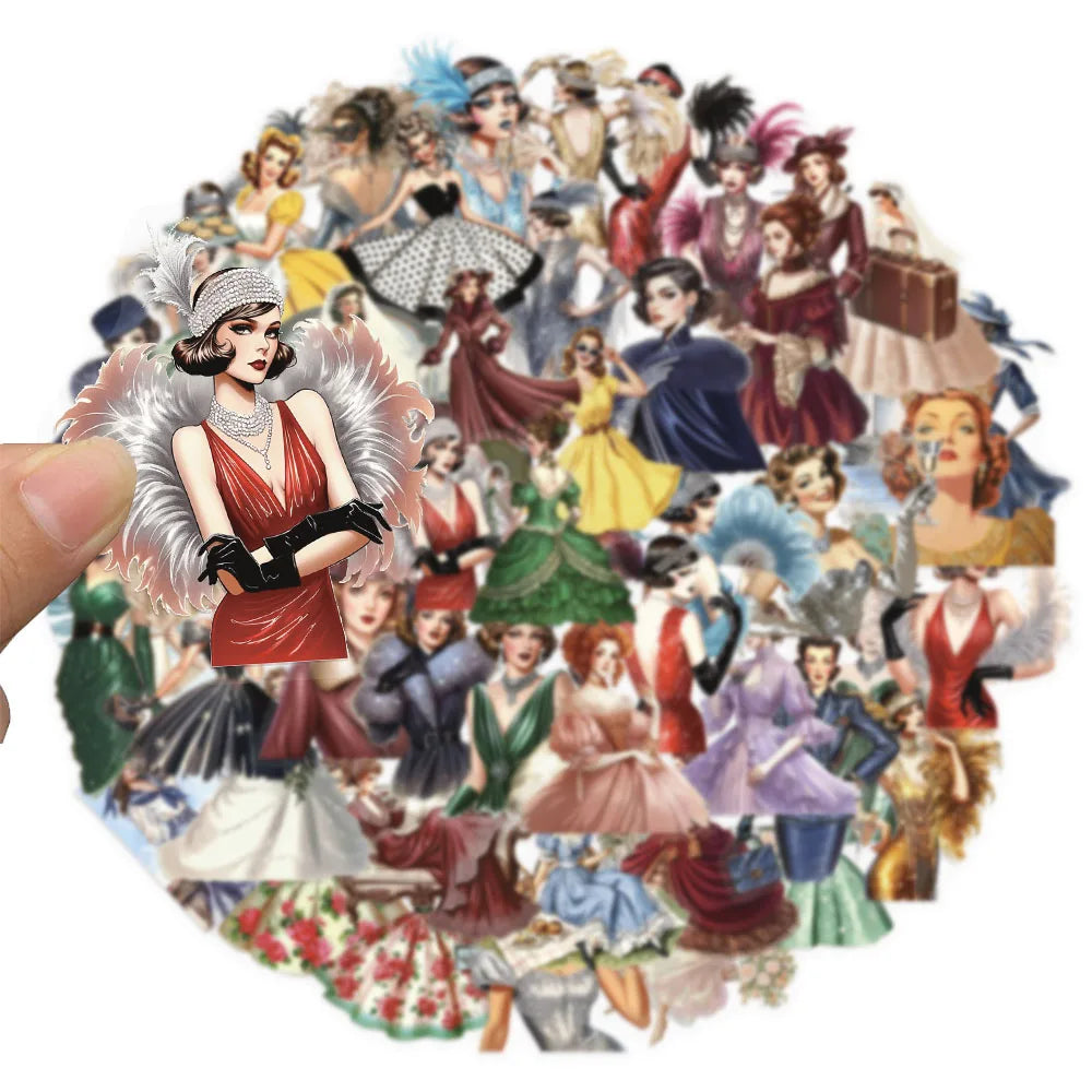 50PCS Retro Women's Classic PET Stickers Decorative Computer Scrapbook Refrigerator Phone Case Speaker Guitar Toy Stickers
