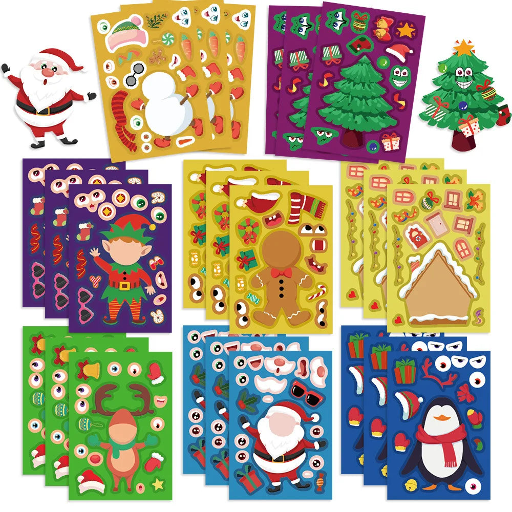 8Pcs Puzzle Cartoon Christmas Snowman Party Make a Face Stickers Handicrafts Waterproof Stickers