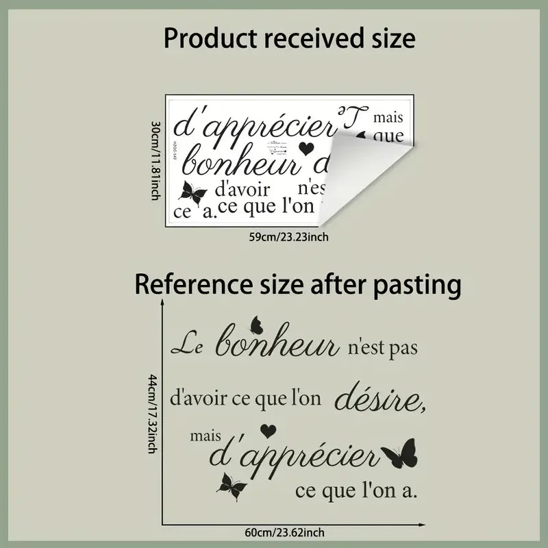 Self-Adhesive Removable Black French Calligraphy Wall Decal "Happiness is Appreciating What You Have" - Elegant PVC Sticker Suit