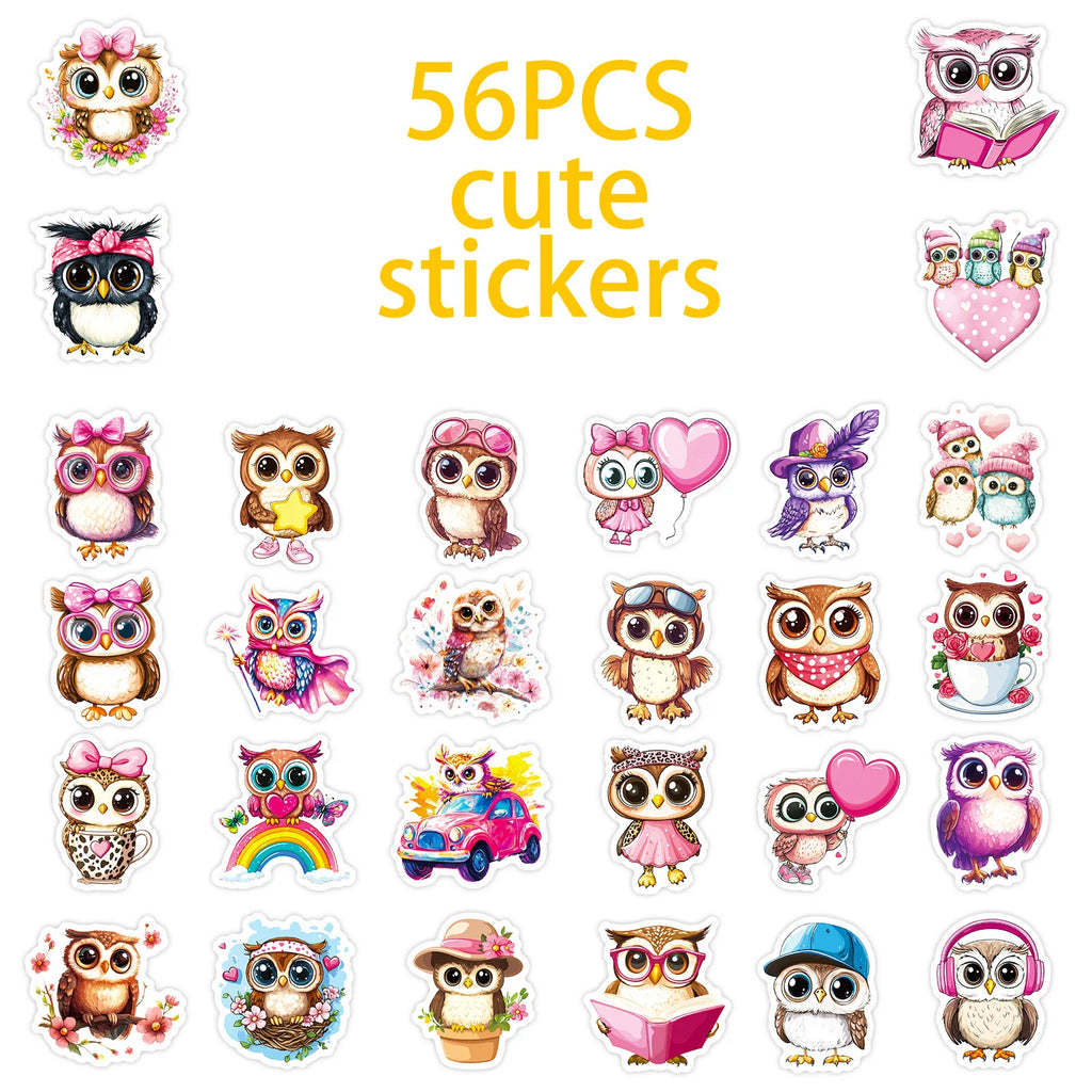 56/112 Pcs Pink Big Eye Owl Cute Doodle Stickers DIY for Scrapbook Notebook Stationery Box Phone Lunch Box Reward Decals