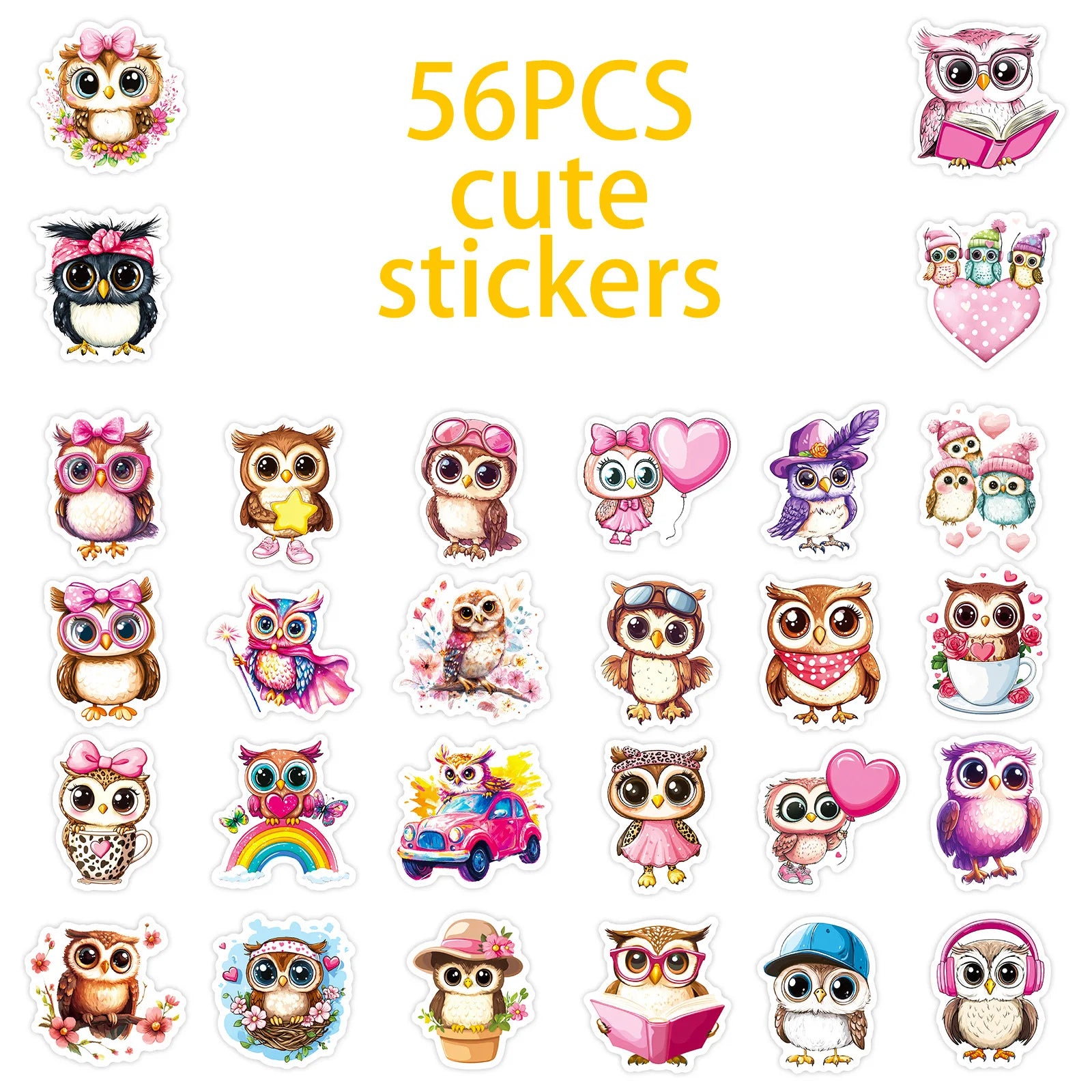 56/112 Pcs Pink Big Eye Owl Cute Doodle Stickers DIY for Scrapbook Notebook Stationery Box Phone Lunch Box Reward Decals