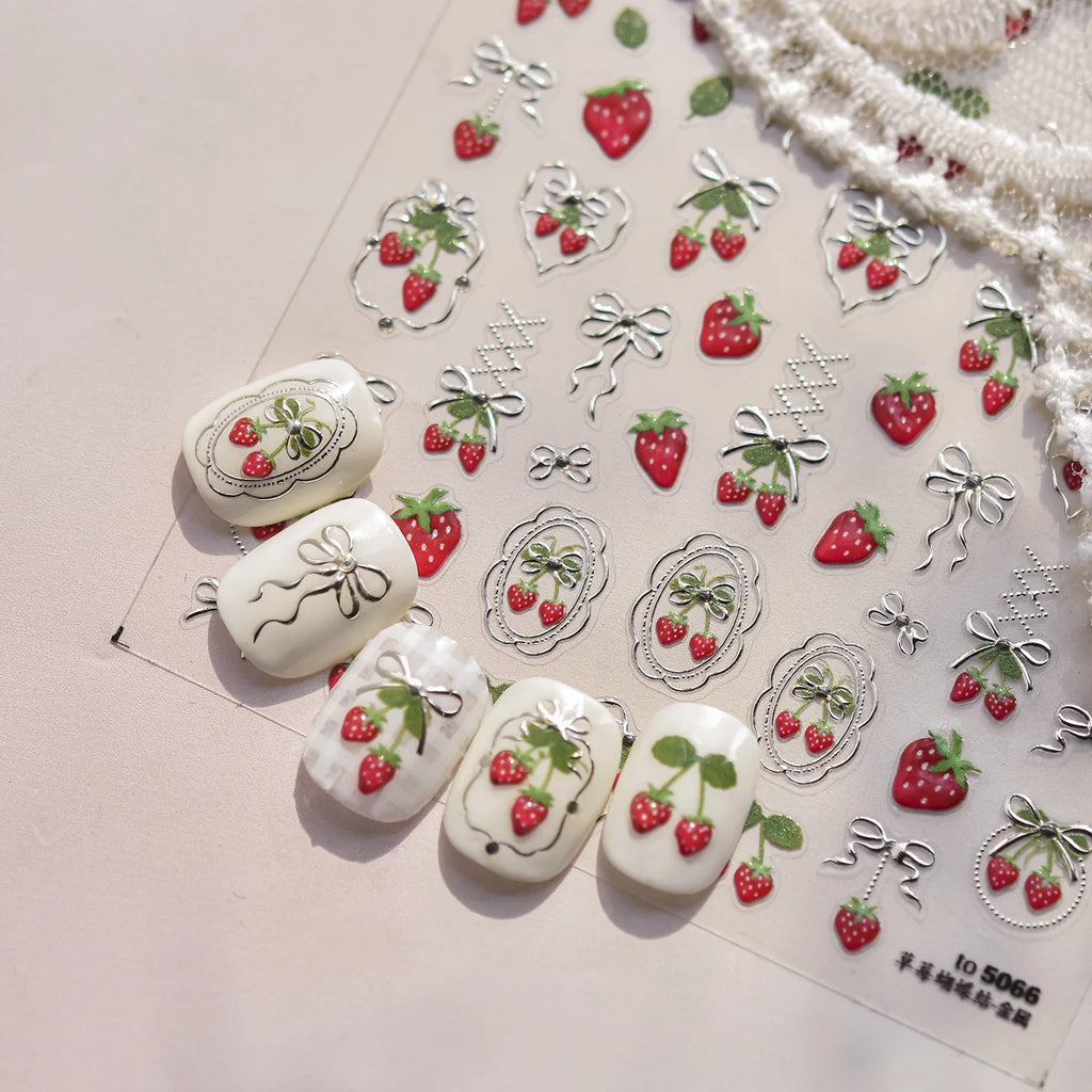 Sweet Strawberry Bow Nail Art Stickers 5D Gold Silver Strawberry Cherry Metal Nail Stickers DIY Japanese Nails Decoration Decals
