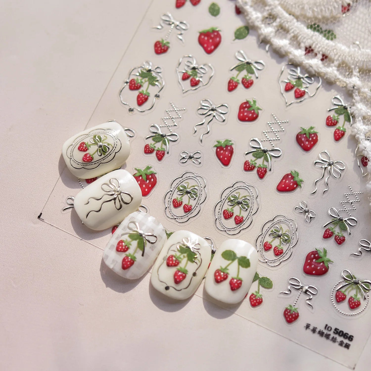 Sweet Strawberry Bow Nail Art Stickers 5D Gold Silver Strawberry Cherry Metal Nail Stickers DIY Japanese Nails Decoration Decals