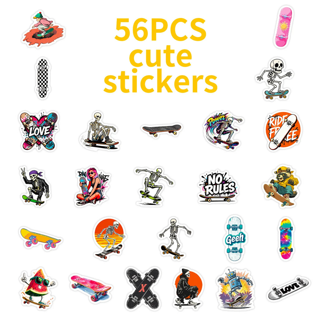 56PCS Street Style Skateboard Creative Stickers, Skate Enthusiast Student Notebook DIY Fun Waterproof Decorative Sticker