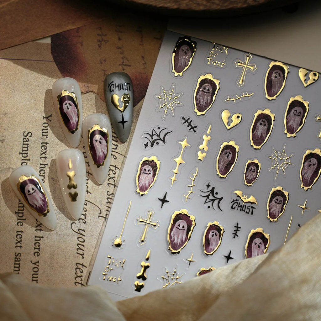 1pcs Luxury 5D Gilding Gold Halloween Nails Sticker New Bat Cross Ghost Design Nail Slider DIY Self Adhesive Nail 3D Decoration