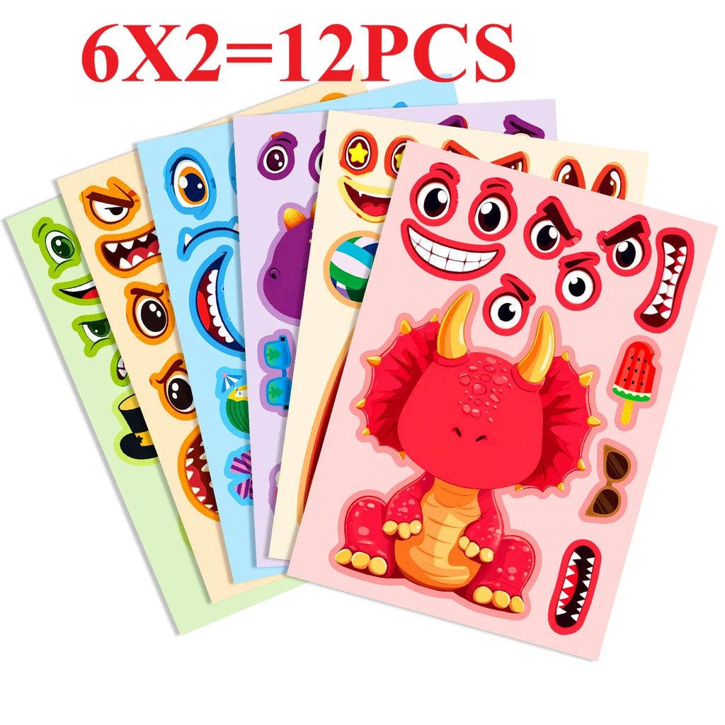 6/12PCS Dinosaur Puzzle Face Changing Stickers Cute Cartoon Children's Toys Stationery Reward Stickers