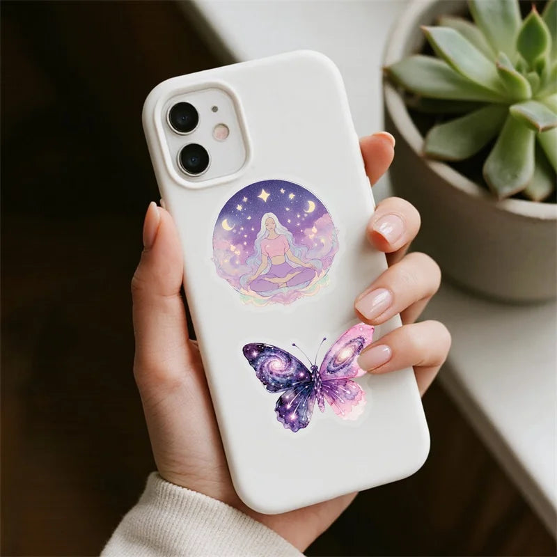 56PCS Kawaii Purple Magic PET Sticky Sticker Aesthetic Tear Open DIY Decoration Scrapbooking School Stationery Supplies