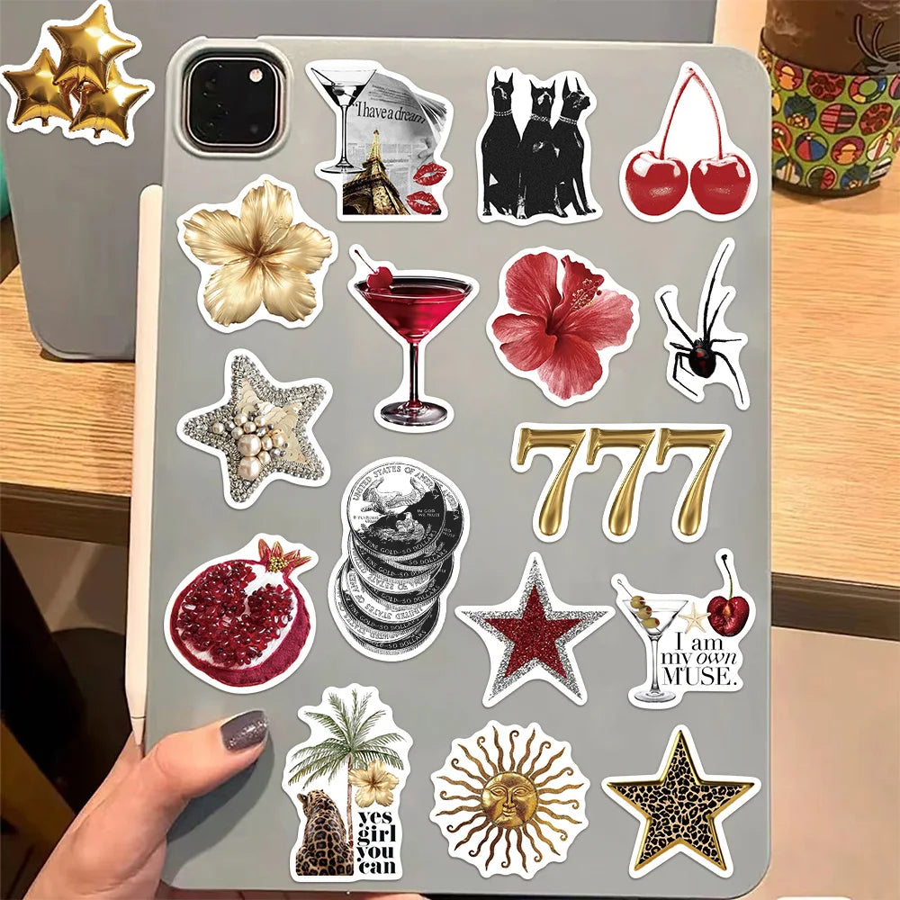 50PCS Gold&Red Decorative Stickers Set DIY Scrapbook Phone Case Laptop Tablet Toy Decorative Stickers