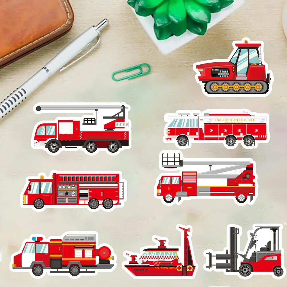 8/16/24PCS Fire Engineering Rescue Vehicle Stickers Creative DIY Hand Account Mobile Notebook Decorative Waterproof Stickers