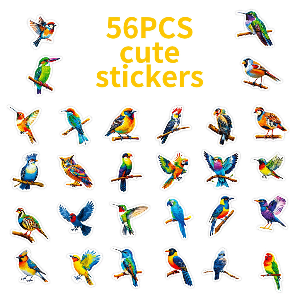 56/112 Pcs Colorful Bird Doodle Stickers Clear Pattern Non Trace Adhesive for Phone Window Fridge Furniture Envelope Decals