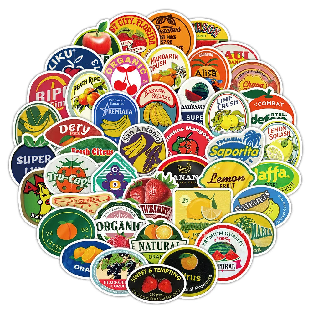 50-Pack Vintage Fruit Decal Stickers Laptops Mobiles Cars Cameras Helmets Creative Waterproof Graffiti DIY Sticker