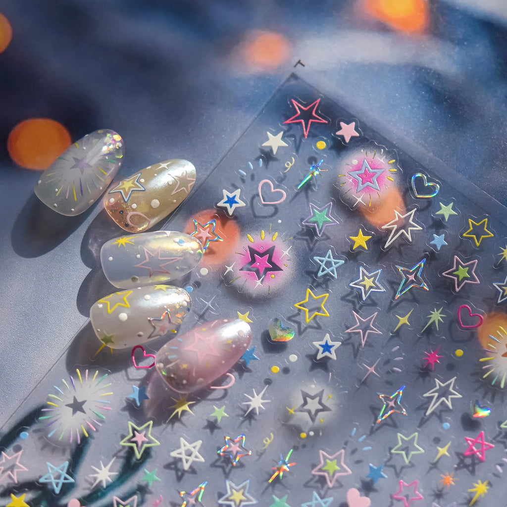 5D Relief Nail Stickers Sweet Starlight Nail Accessory Stickers Colorful Irregular Star Nail Decals Adhesive Nail Art Stickers