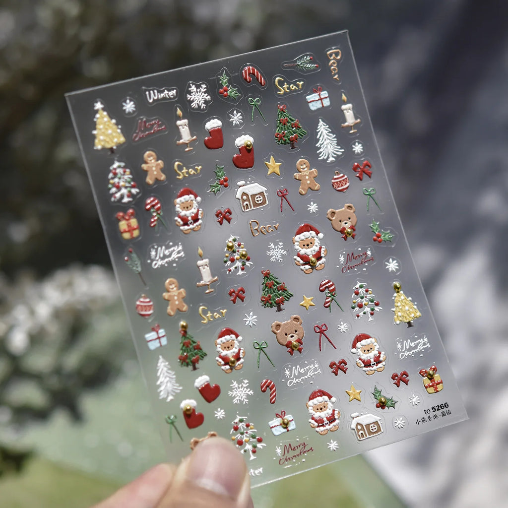 Luxury Crystal Diamond Nail Stickers 5D Cute Apple Christmas Tree Nail Decoration Stickers DIY 3D Happy New Year Manicure Decals