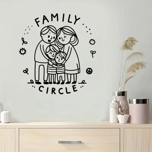 1pcs A heart - warming family of four embracing, with FAMILY CIRCLE written above, surrounded by cute decorative elements. Wall