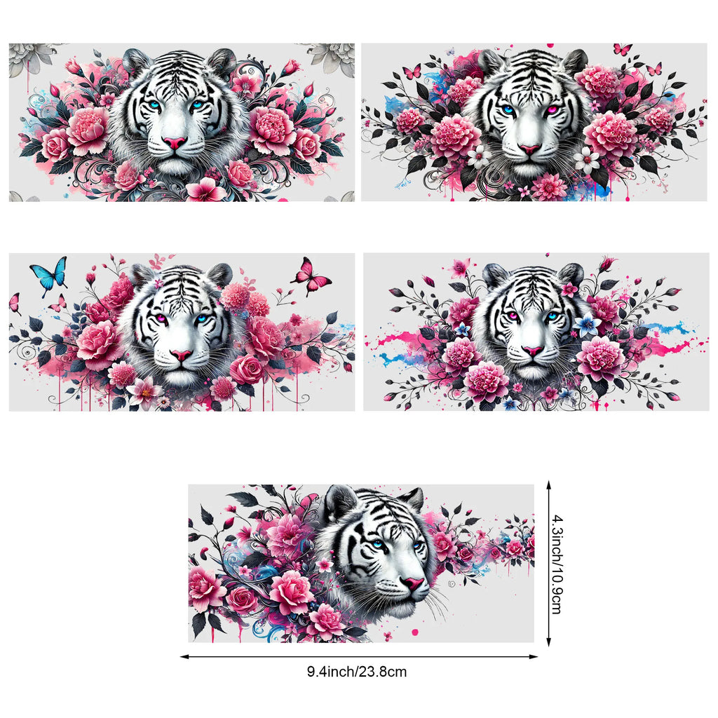5 sheets Tiger UV DTF Cup Stickers, Glass Cup DTF Transfer Stickers, Waterproof Cartoon Wipeable Transfer Paper