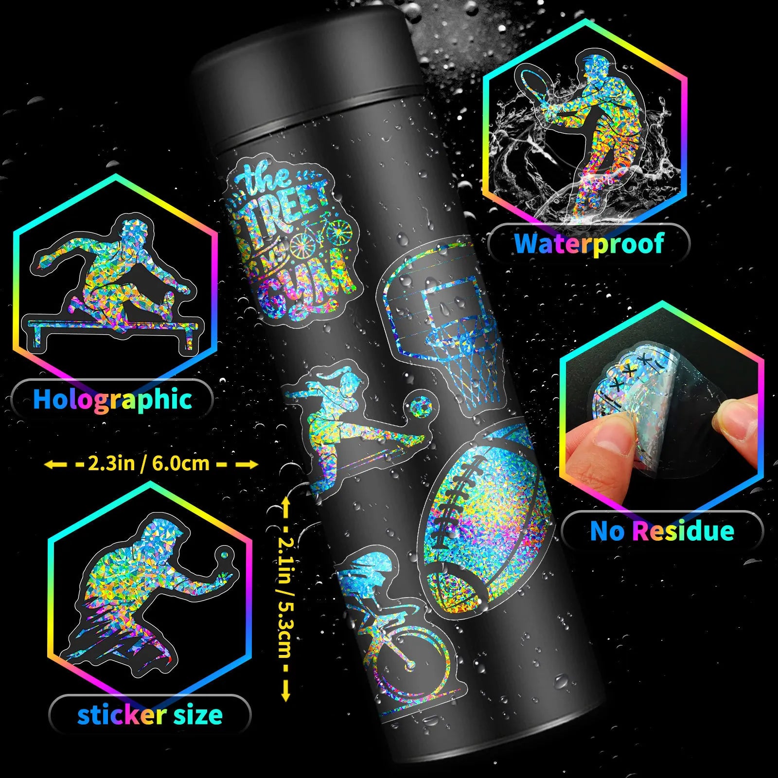 50 Pcs Silver Laser Sports Style PET Stickers Decorating Luggage Water Bottles Stickers