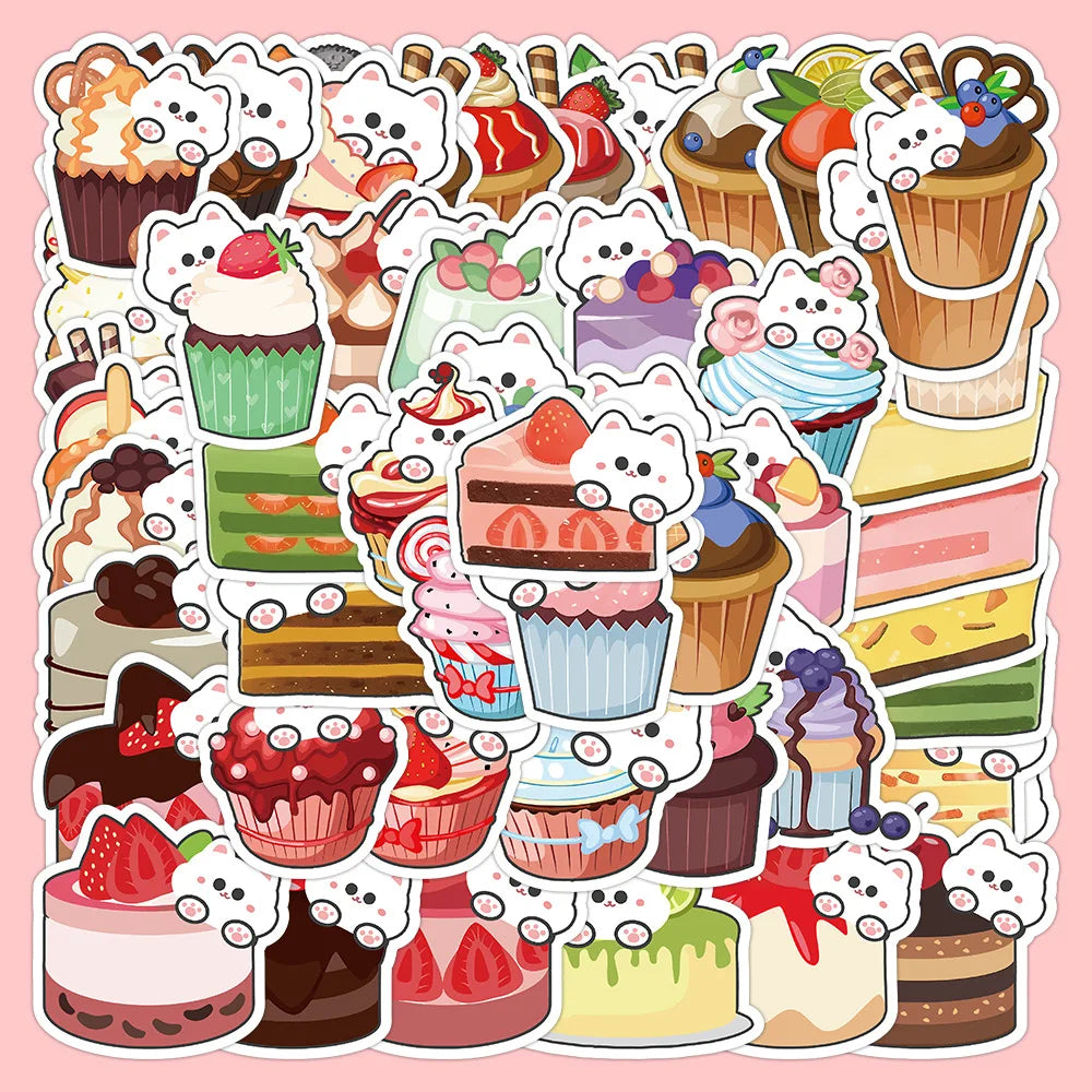 50-Pack Cute Cat Cake Cartoon Stickers Notebook Journal Water Cup Stationery Decoration Sticker