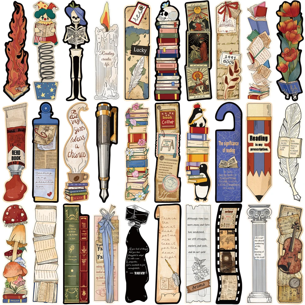 30PCS Vintage Reading Theme Bookmark Posters Cartoon Laptop Gifts Scrapbooking Aesthetic Journal Aesthetic Decorative Bookmark
