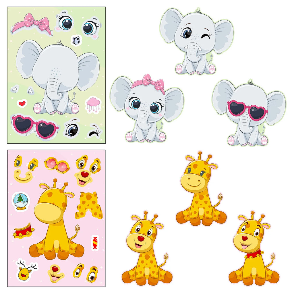 6Sheets Cute Cartonn DIY Puzzle Sticker Games Animals Make A Face Funny Assemble Stickers Decor