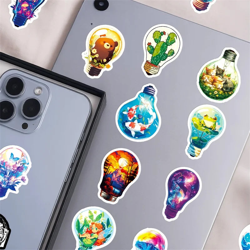 10/30/56PCS Cartoon Light Bulb World PVC Sticky Stickers Aesthetic DIY Colored Phone Laptop Luggage Skateboard Graffiti Decals