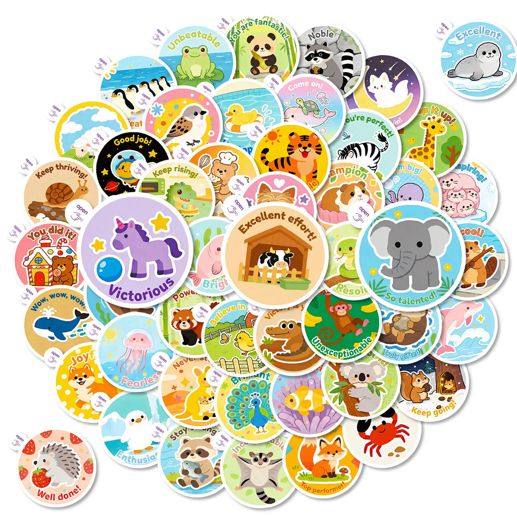50PCS Cartoon Animal Easy-Tear Stickers Students Office Supplies Decor Decals Phones Fridges Kids Rewards Stickers
