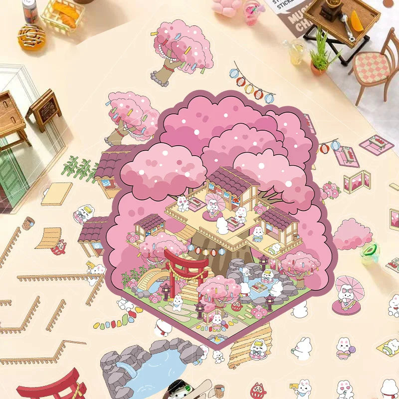 3D Cartoon Landscape Stickers Sakura Hot Spring Sake House Miniature World Stereoscopic Cabin Decompression DIY Scene Sticker
