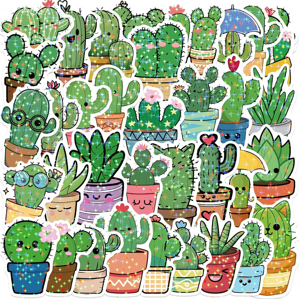 50PCS Holographic Cartoon Cactus Graffiti Stickers Decor Stationery Pen Holder Luggage Notebook DIY Waterproof Children Reward