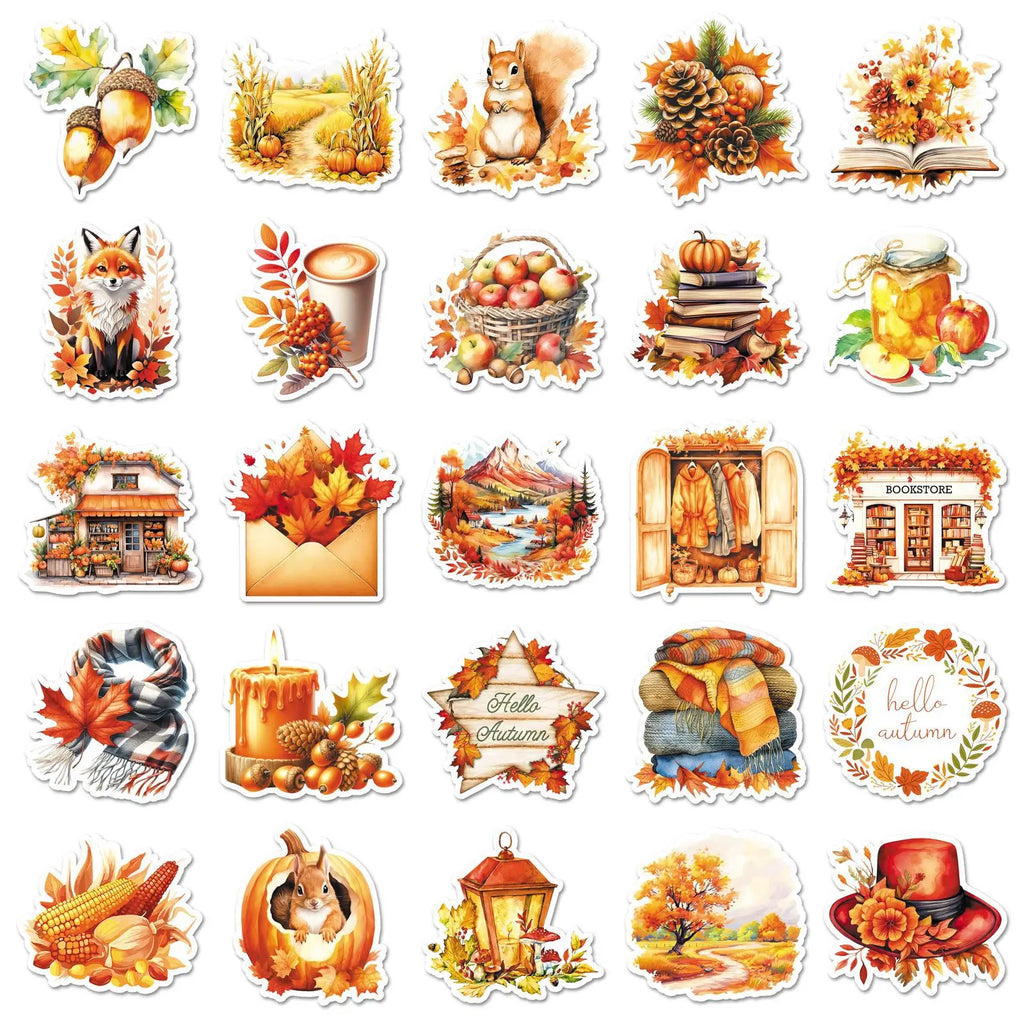 50/100PCS Golden Autumn Stickers Season Autumn Cartoon Autumn Yellow Fallen Leaf Waterproof Decorative Stickers