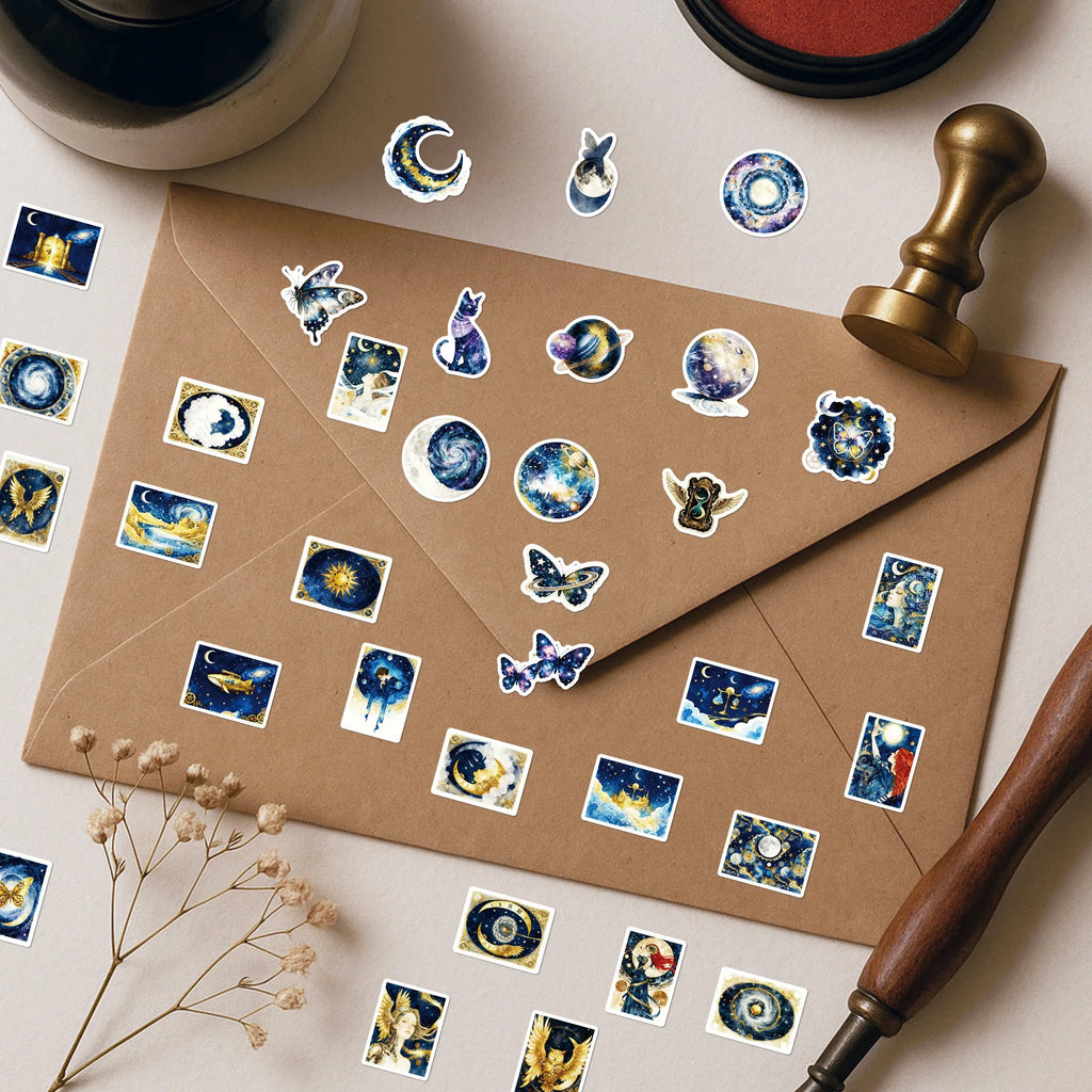 56PCS Dreamy Galaxy Blue Gold Stickers, Phone Tablet Student Stationery Creative Fantasy Decorative Waterproof Art Sticker