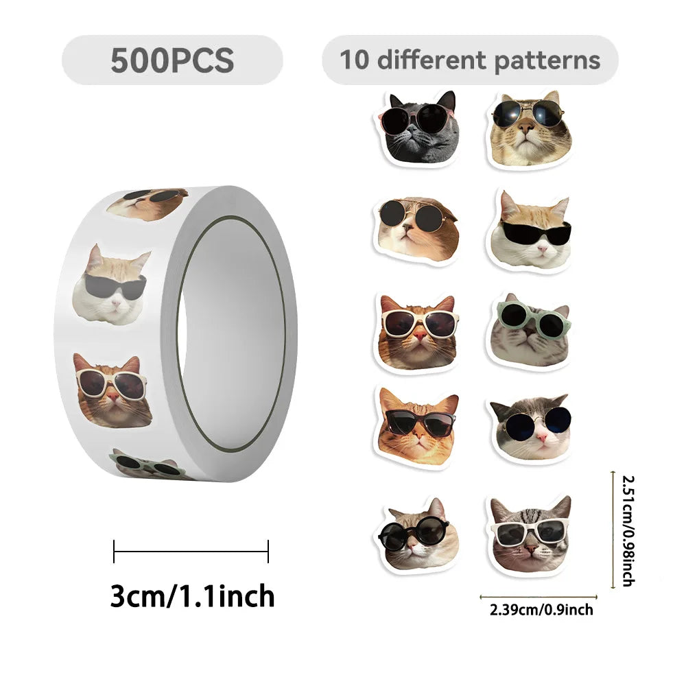500PCS Roll Stickers Cute Cartoon Wearing Sunglasses Cat Head Decoration Reward Stationery Stickers for Children