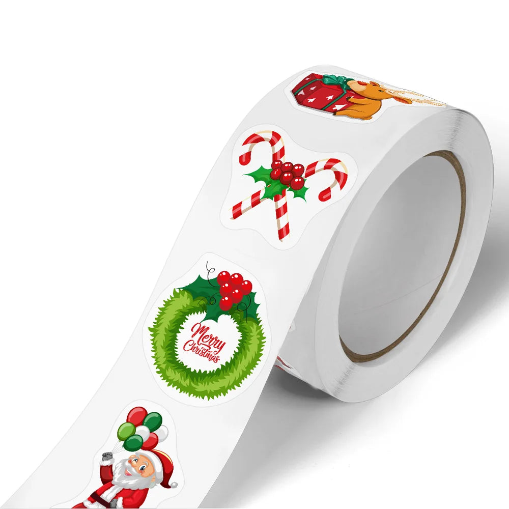 500Pcs/Roll Heterotypic Christmas Themed Elks Snowmans Santa Claus Bells Stickers 8 Designs 2.5cm/1.0'' DlY Graffiti Holiday Tag