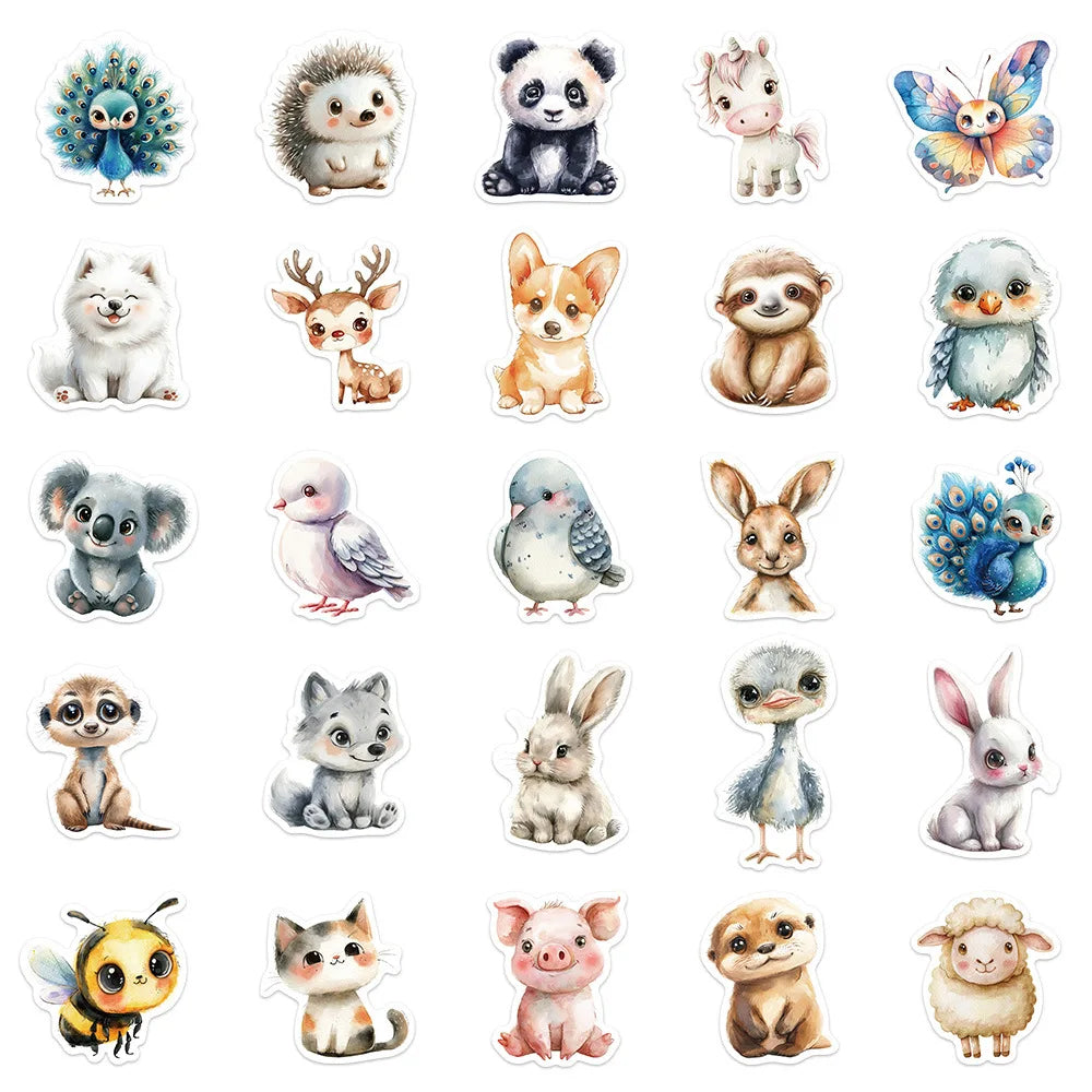 50PCS Cute Watercolor Animals Graffiti Stickers Cartoon DIY Skateboard Phone Case Laptop Waterproof Cool Sticker Decals Toy