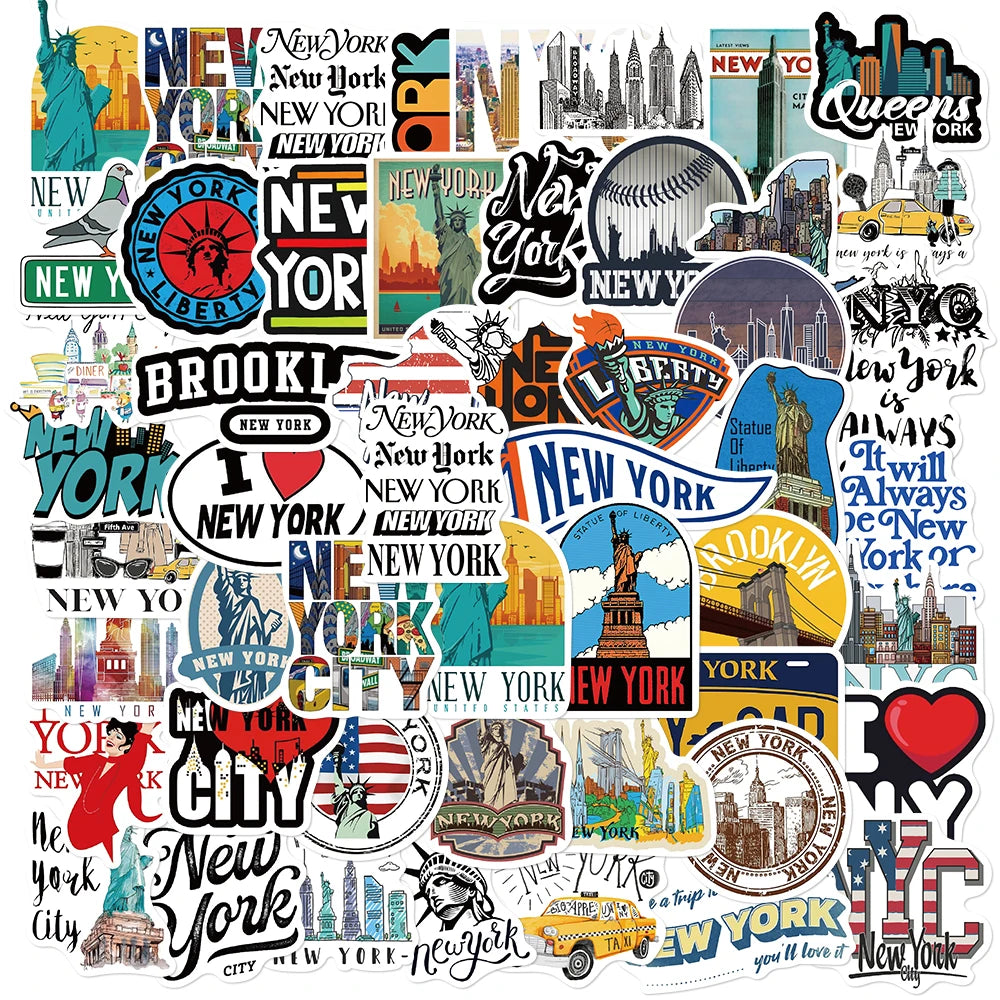 50PCS Cartoon New York Stickers Adhesive DIY Guitar Laptop Luggage Skateboard Living Graffiti DIY Lover Calender Phone Sticker