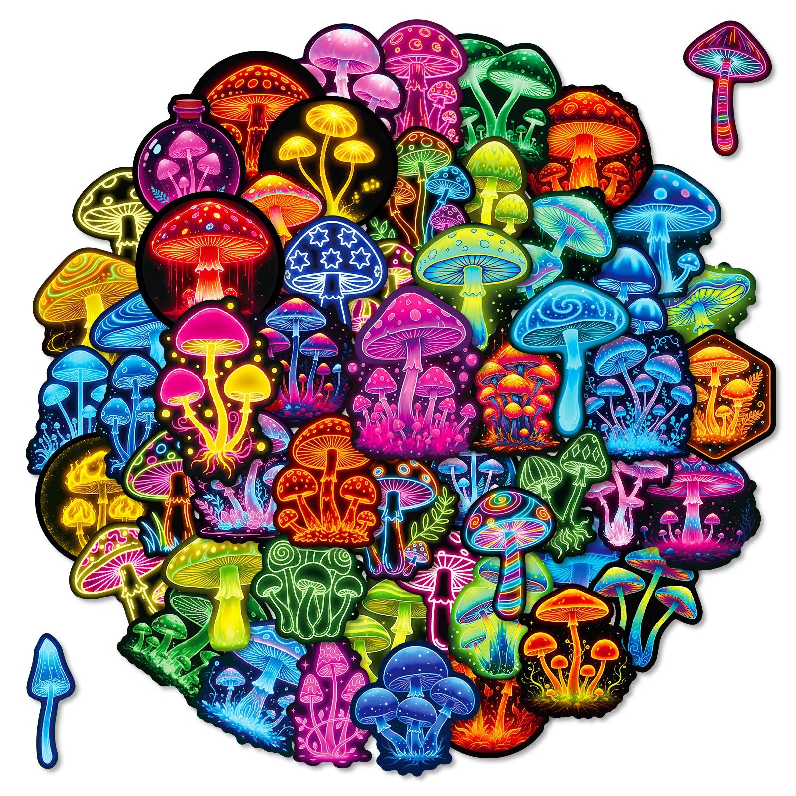 56/112Pcs Neon Mushroom Reusable Stickers Waterproof Decals for Helmet Skateboard Bicycle Computer Stationery Box Multicolor
