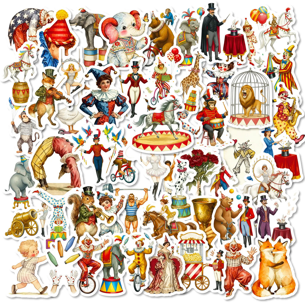 56PCS Circus Clown Animal Vintage Cartoon Stickers, Notebook Phone Suitcase Kids Stationery Creative Waterproof Stickers
