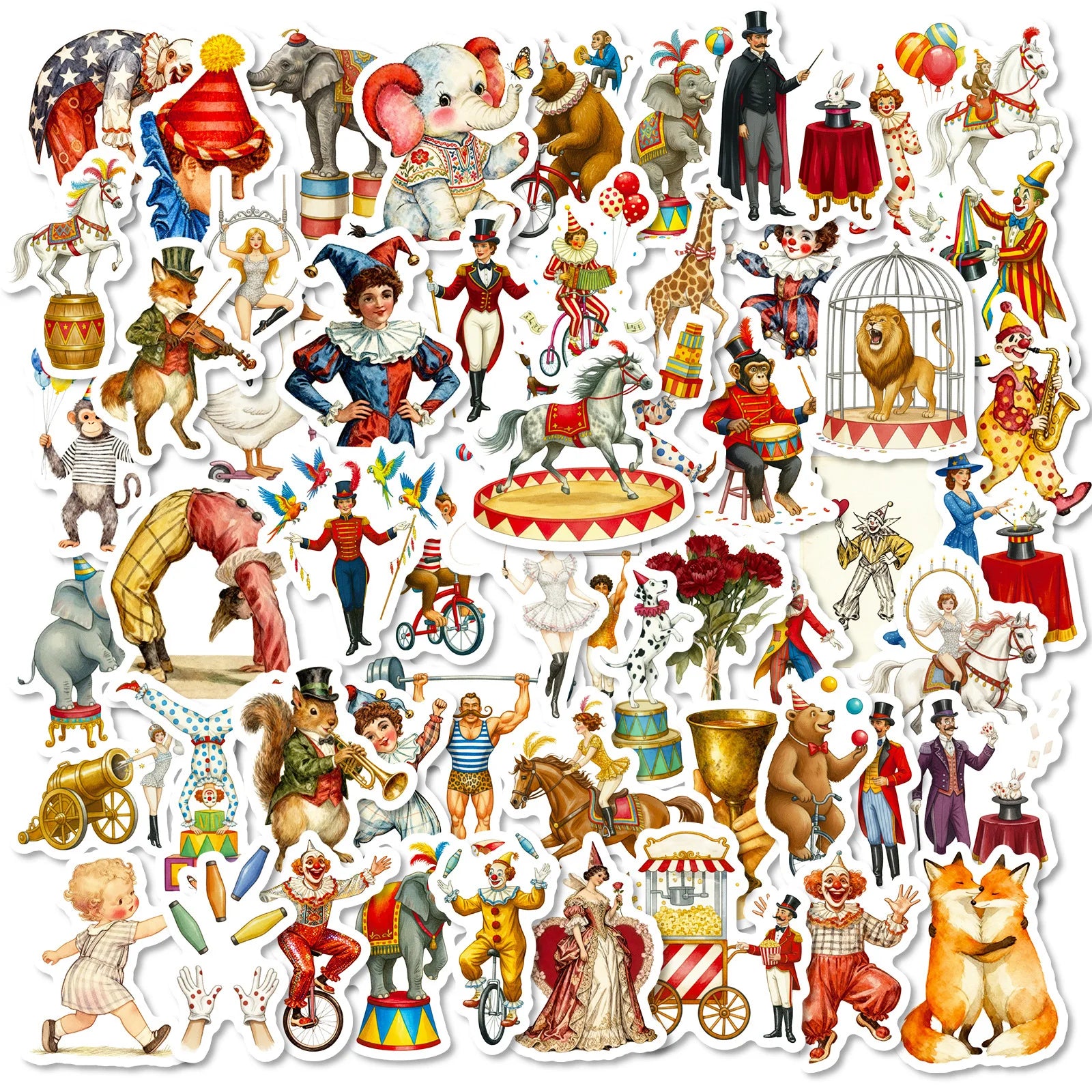 56PCS Circus Clown Animal Vintage Cartoon Stickers, Notebook Phone Suitcase Kids Stationery Creative Waterproof Stickers