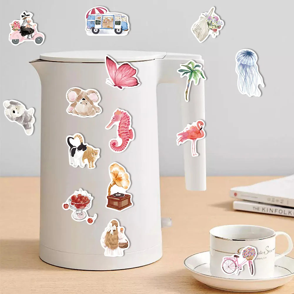 50PCS Watercolor Diary 2 Cartoon Ins Style DIY Stickers Sketchbook Phone Case Notebook Luggage Skateboard Waterproof Stickers