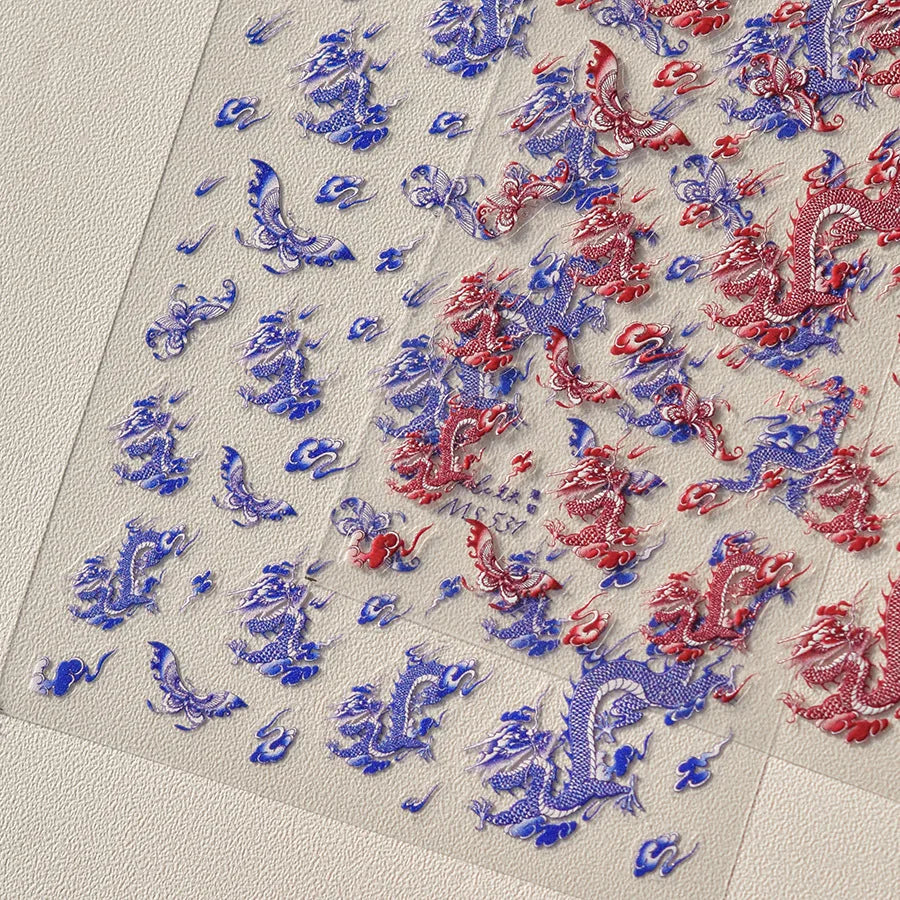 Retro Embroidered Dragon Red Porcelain Chinese 3D Embossed Relief Self Adhesive Nail Art Stickers Manicure Decorations Decal DIY