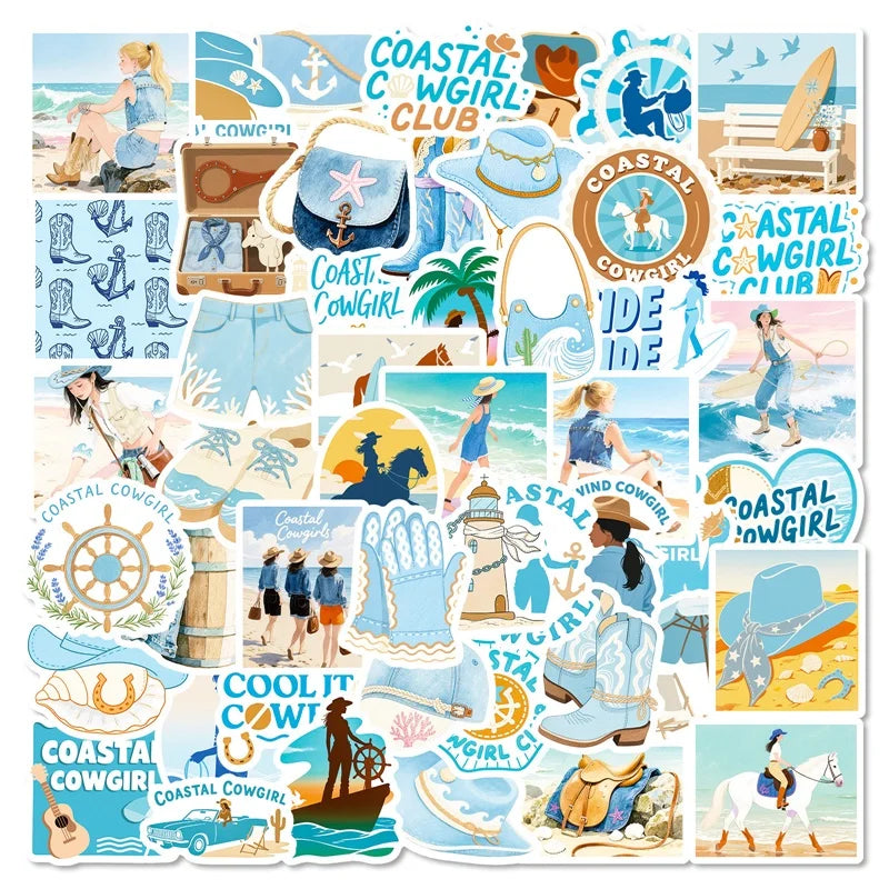 10/30/56PCS Kawaii Blue Seaside Life PVC Sticky Stickers Aesthetic DIY Colored Phone Laptop Luggage Skateboard Graffiti Decals