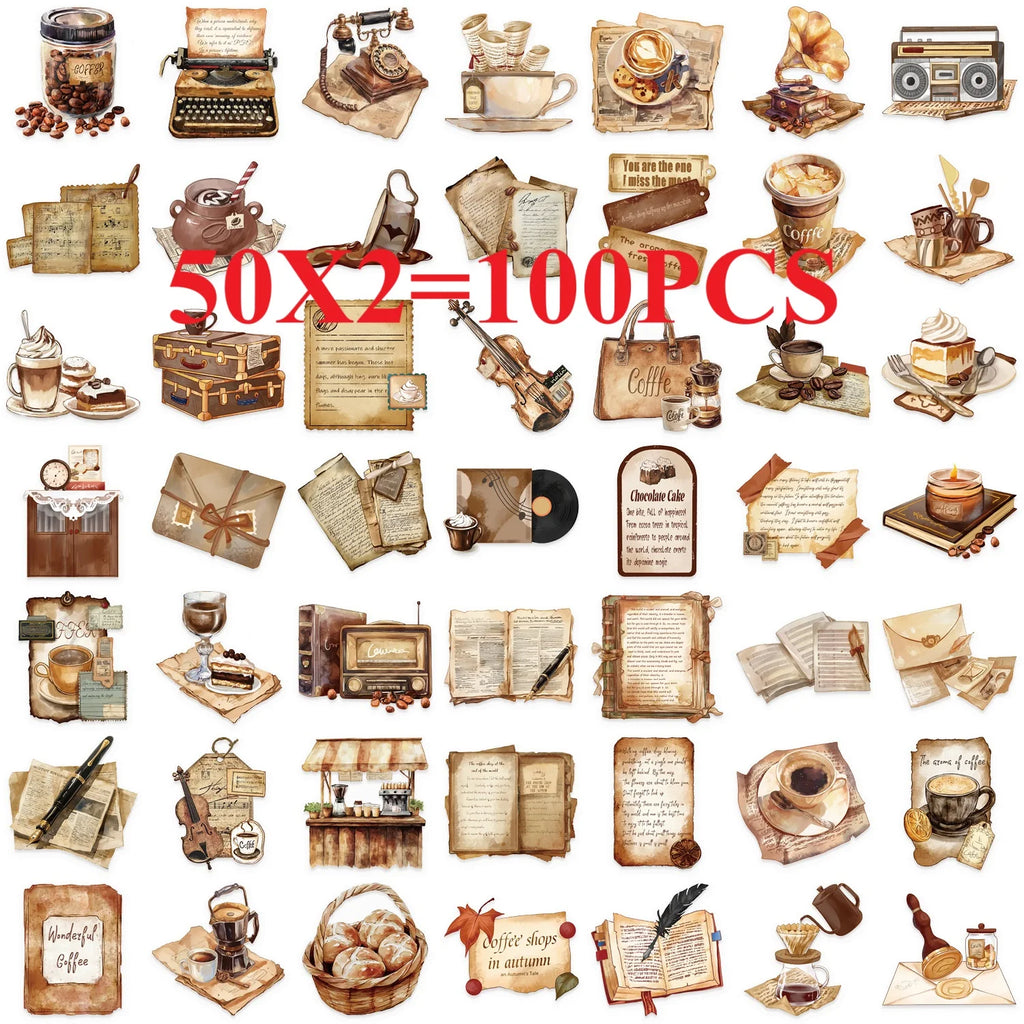 50/100PCS Transparent Retro Cafe Sticker Pack Waterproof Transparent PET Decorative Guitar Notebook Stationery Stickers