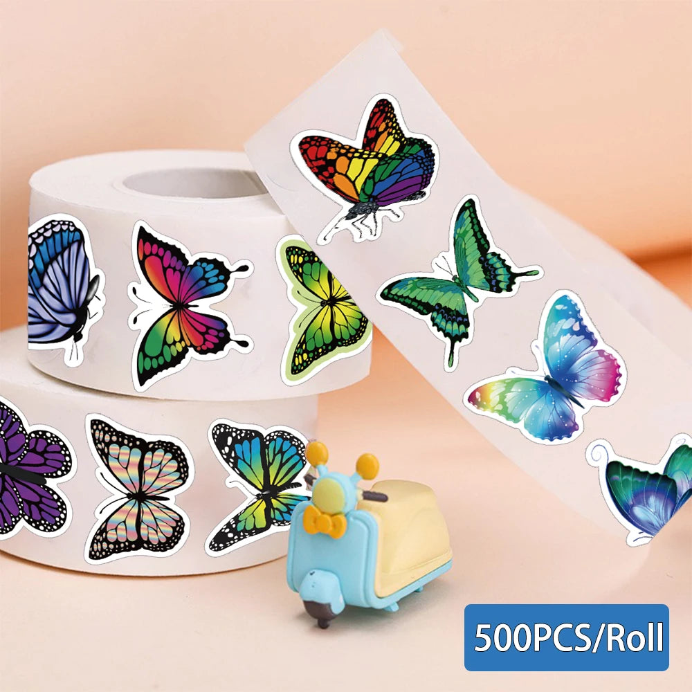 500Pcs/roll Cartoon Butterfly Stickers Luggage Decoration Cartoon Phone Graffiti Stationery Laptop DIY Cafe Creative Stiker