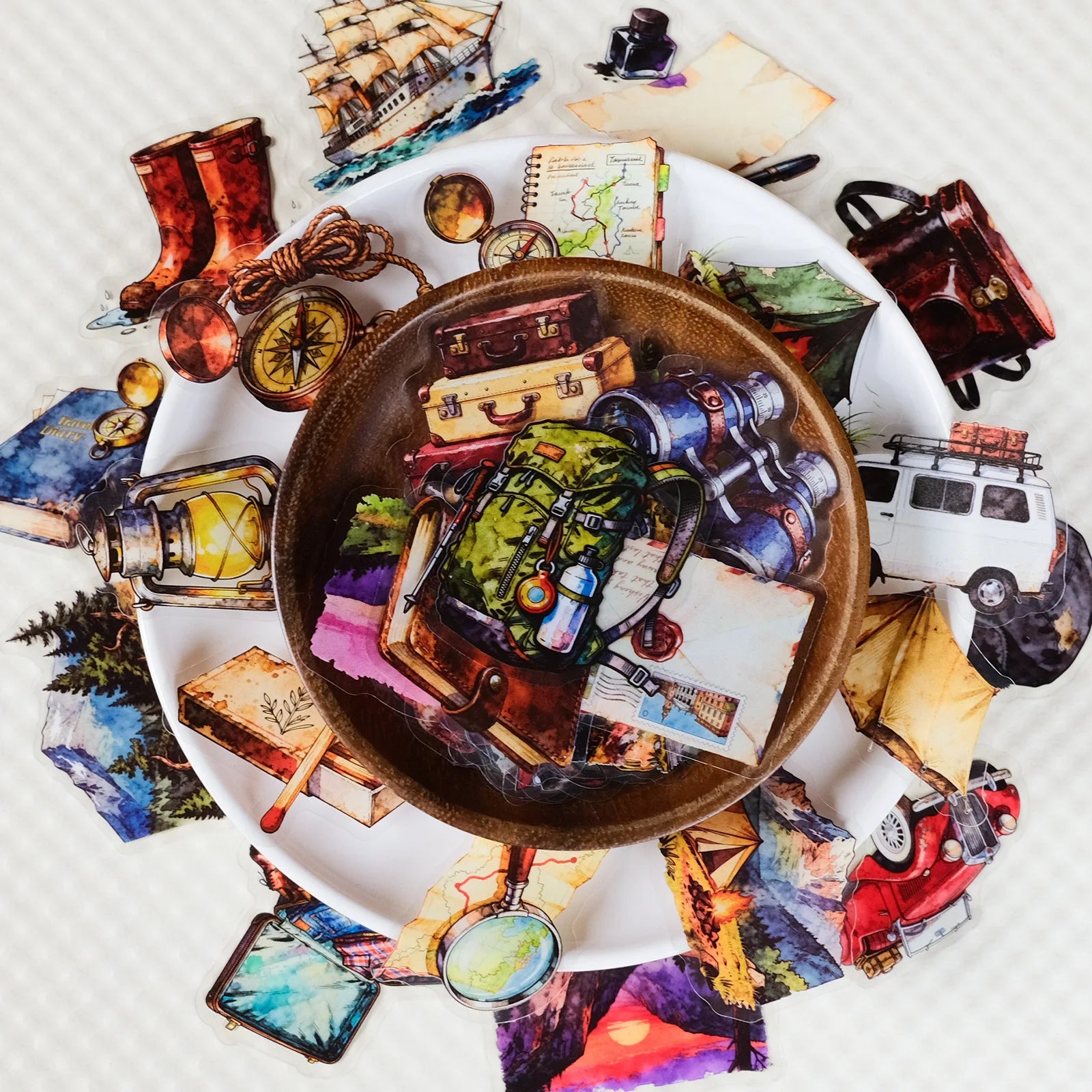56Pcs Travel Outdoor Vintage PET Stickers, Watercolor Adventure Decals Children's Waterproof Stationery Notebook Stickers