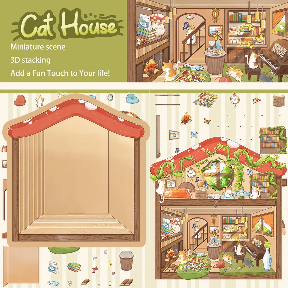 2PCS Notebook Cartoon Cat House Landscape Creation Sticker Aesthetic Scrapbook Suitcase Coffee Stationery Bumper Paper Stickers