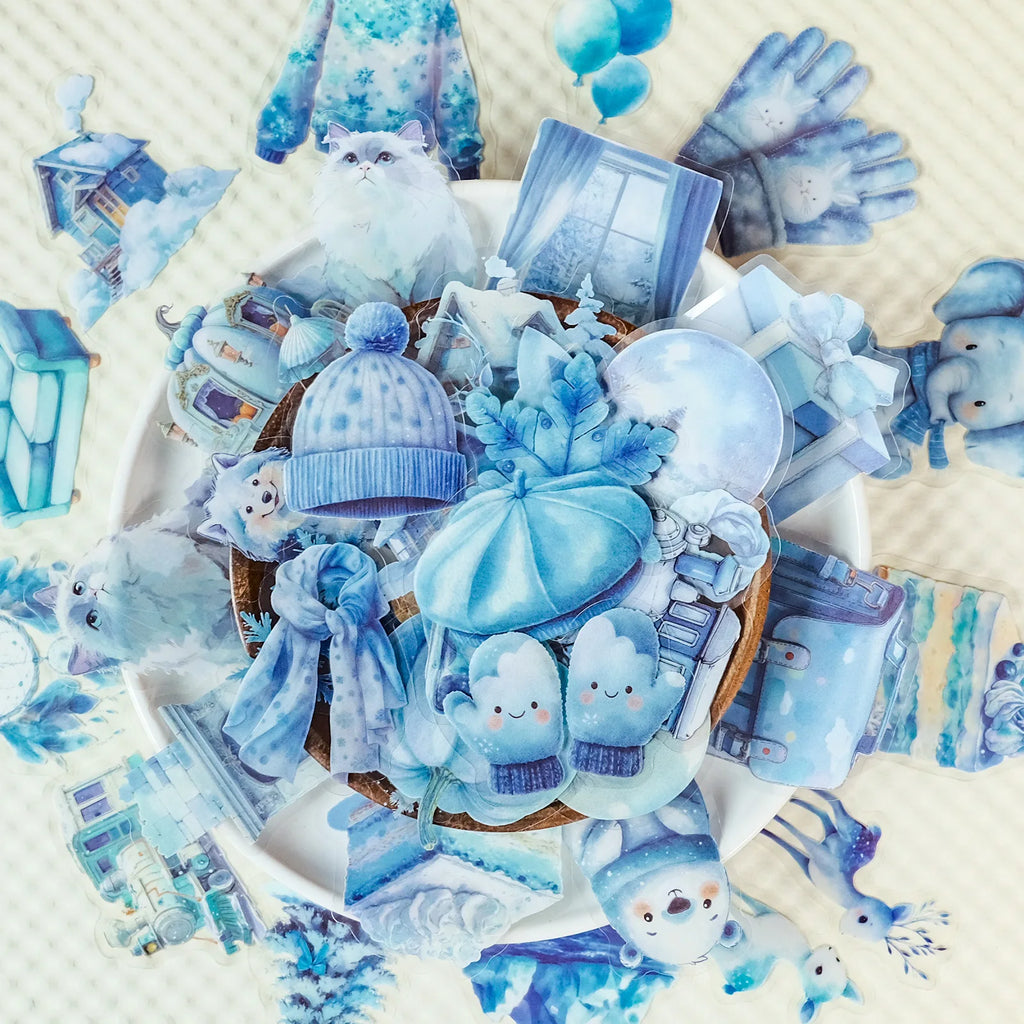 56PCS Blue Winter Miracle Transparent PET Stickers Snowman Gloves Crystal Balls Mixed Coating Stationery Crow Sticker