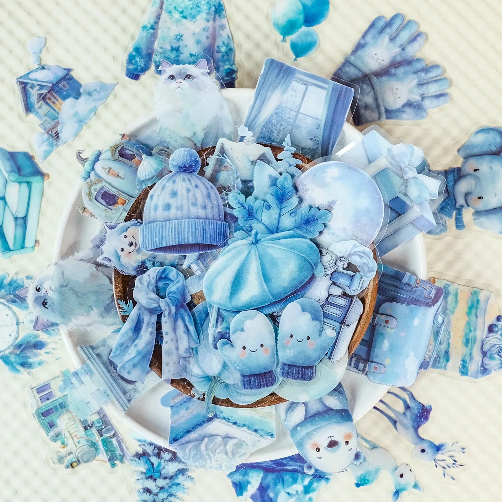56PCS Blue Winter Miracle Transparent PET Stickers Snowman Gloves Crystal Balls Mixed Coating Stationery Crow Sticker