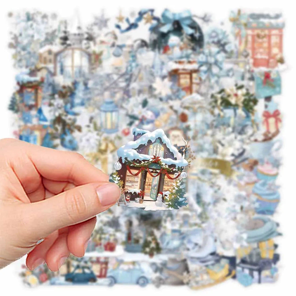 50-Pack Winter Watercolor Transparent PET Stickers for Journal Phone Case Notebook DIY Waterproof Decoration