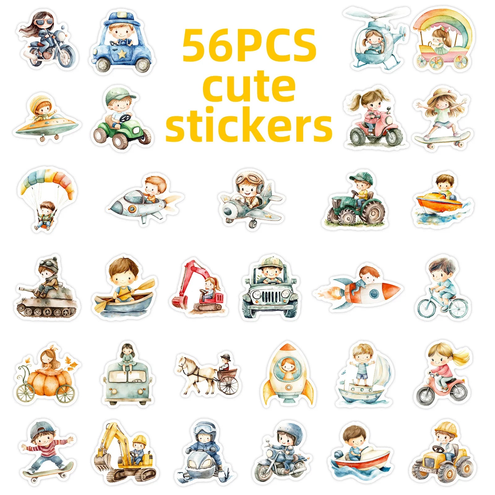 56pcs Fairy Tale Style Children's Daily Doodle Stickers DIY Decorations for Guitar Mobile Phone Case Notebook Student Stationery